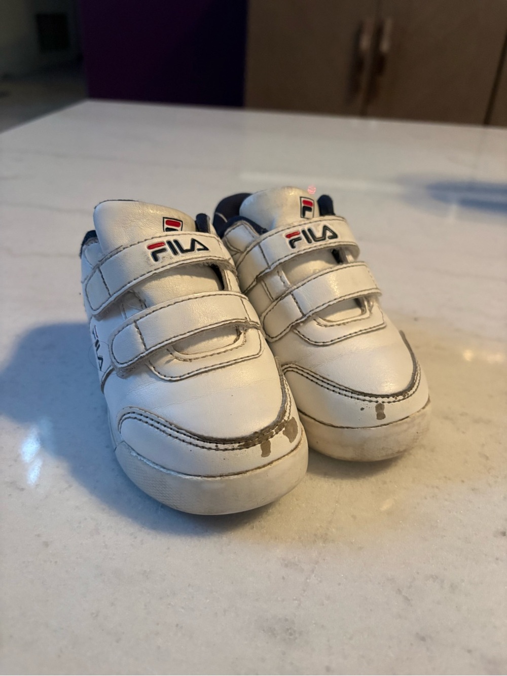 Fila Kids White Velcro Sneakers with Navy Accents